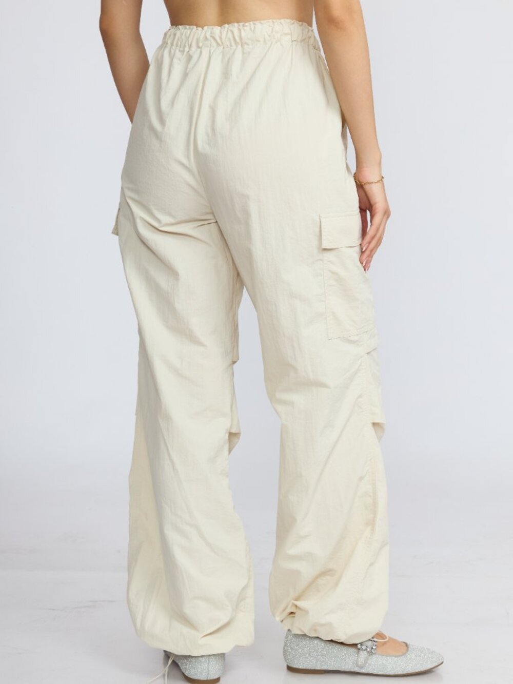 Women's Lightweight Nylon Cargo Pants, Wide Leg Drawstring Utility Pants - Picture 4 of 7